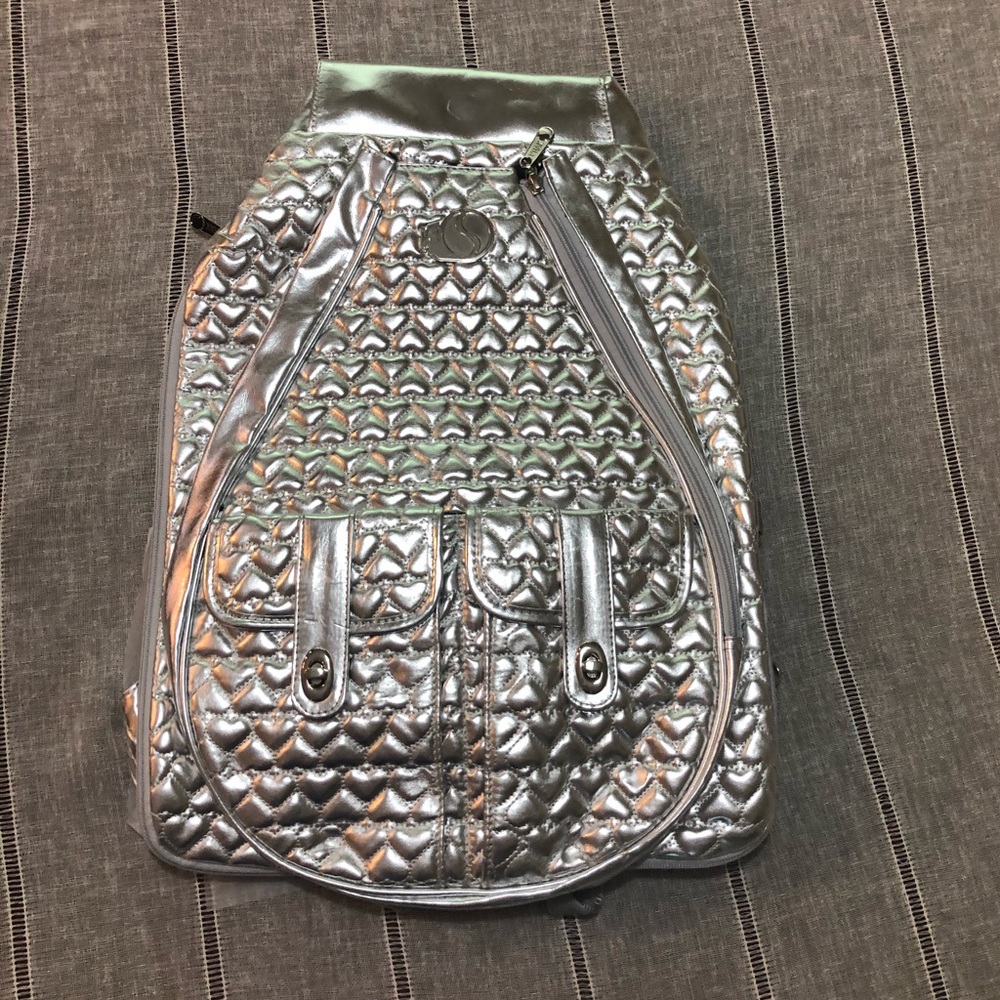 Whak Sak Heart Silver Patent Tennis Bag Black NWOT